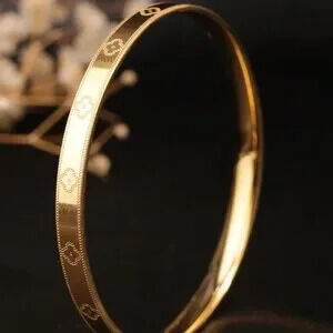 Gold Plated Stainless Steel Clover Etched Bangle Bracelet